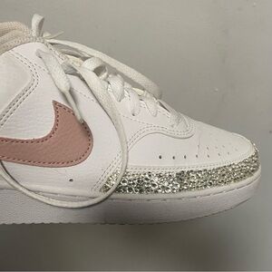 Nike White Sneakers with Blush Pink Swoosh and Crystal Toe Trim